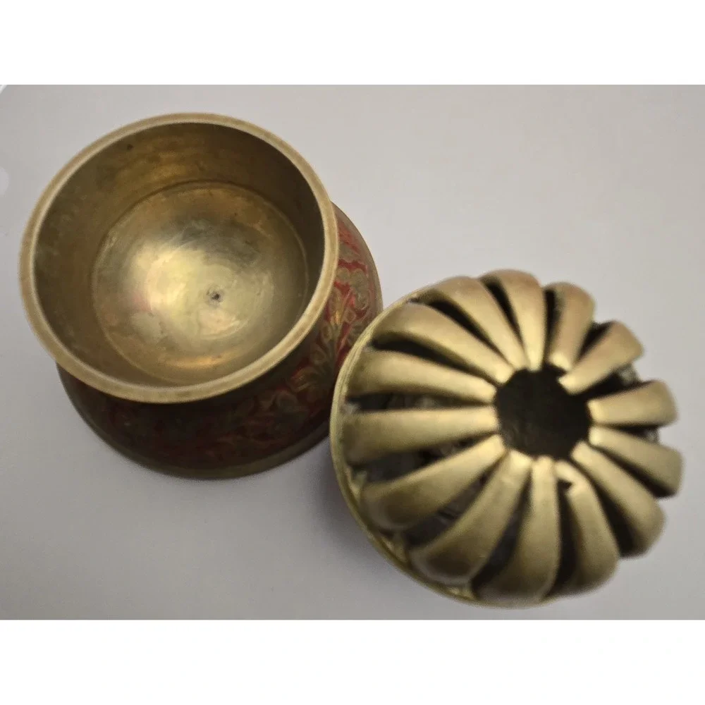 1940s Solid Brass Elephant Claw Bell Red & Green Inlayed Floral Pattern 2 Pieces